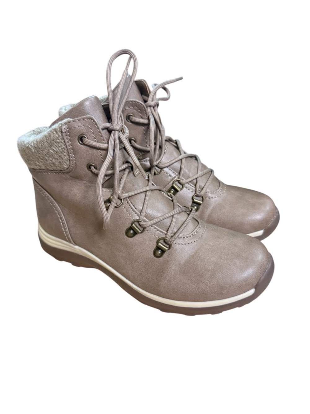 Kim Rogers Taupe Tan Brown Lace-Up Ankle Boots with Faux-Fur Collar